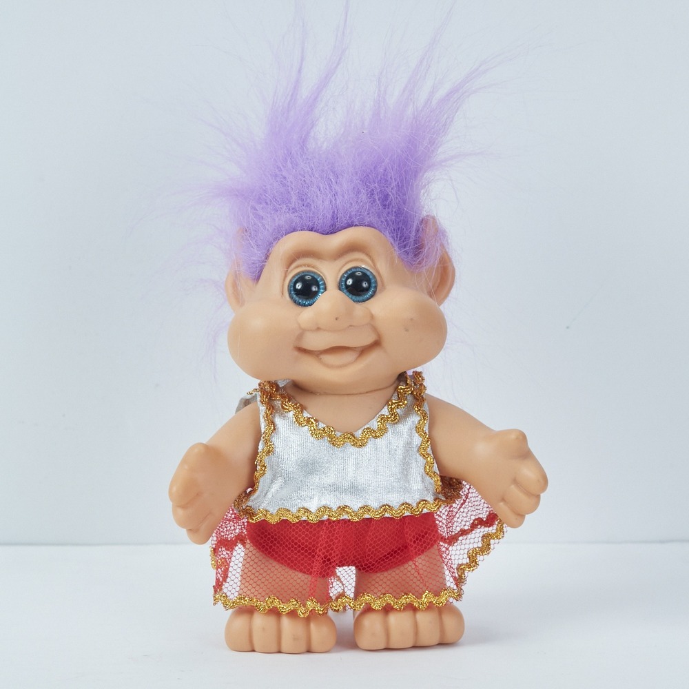 Vintage Troll‎ Doll Purple Hair Blue Eyes Red Dress 1991 Dam Things